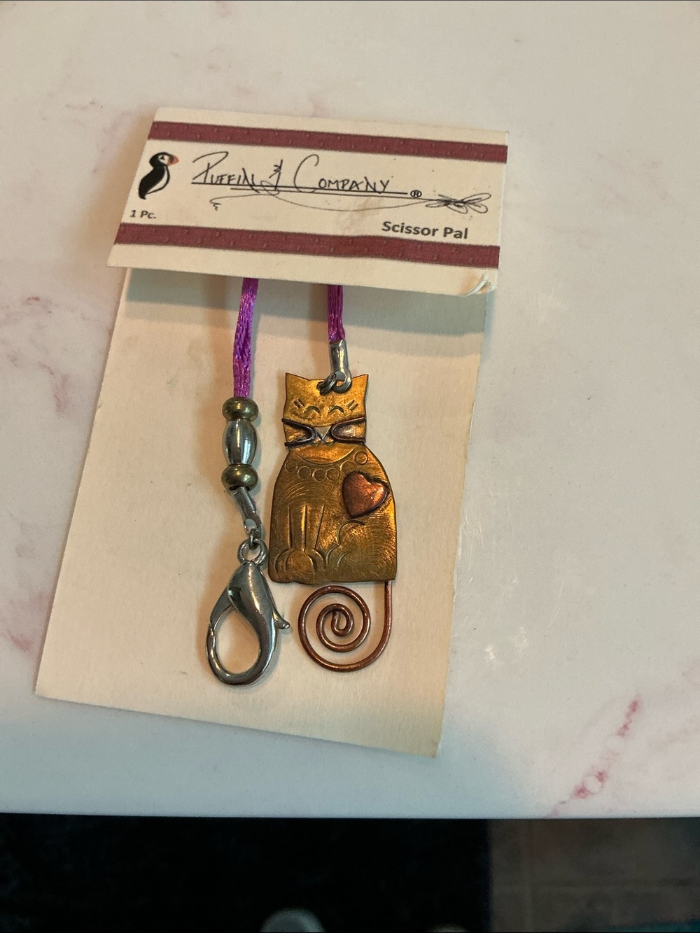 New Puffin & Company Cat Charm Scissor Pal with Purple Cord Copper and brass